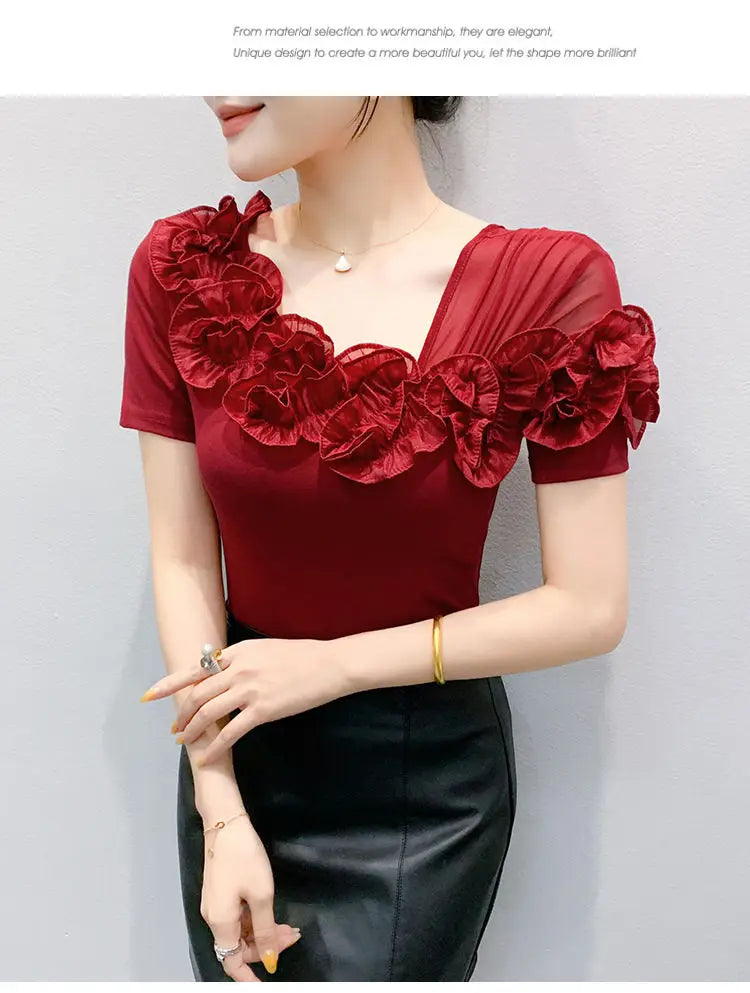 Faionable Floral Lace Ear ort Sve Slimming Me oulder Bared T-Shirt Women's Casual Sle Polyester Fabric Tee irt
