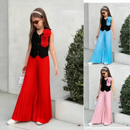 Little Girls' Color - Block Fashion Two - Piece Set: 3D Floral Sleeveless Vest + High - Waisted Pleated Wide - Leg Pants