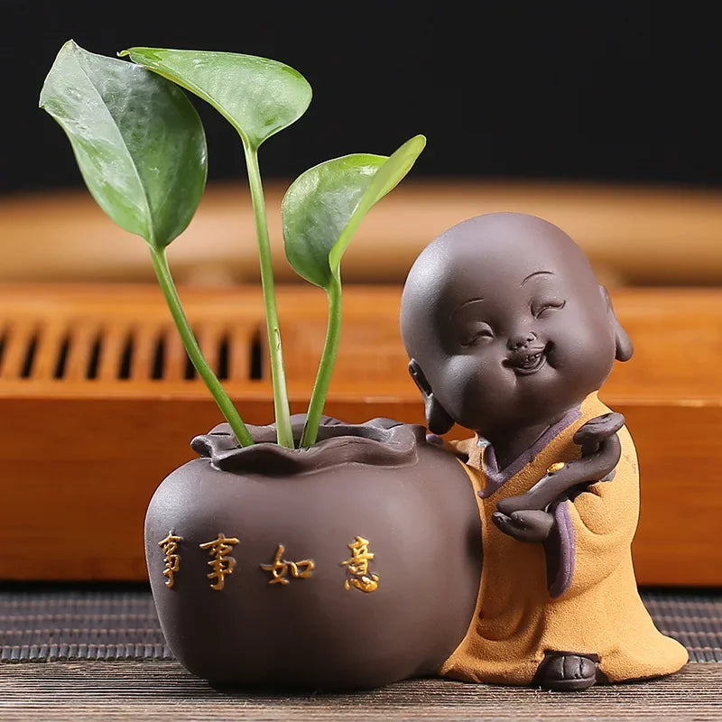 Fortune Lucky Cute The Little Monk Purple Clay Tea Pet Home Decor Mini Water Planting Flower Vase (Available)
