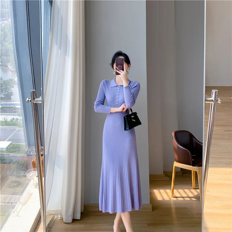 Sweater Dress Women New  Autumn Winter Purple White Or Black High Waist A Line Dress Elegant Long Knitted Dress (Available)