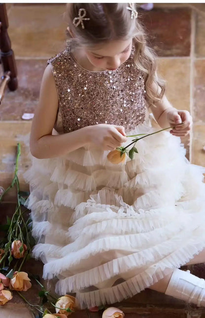 New Summer Party Dress for Kids Girls Sequined Sleeveless Mesh Cake Princess Dress Fashionable and Comfortable Skirt S4016