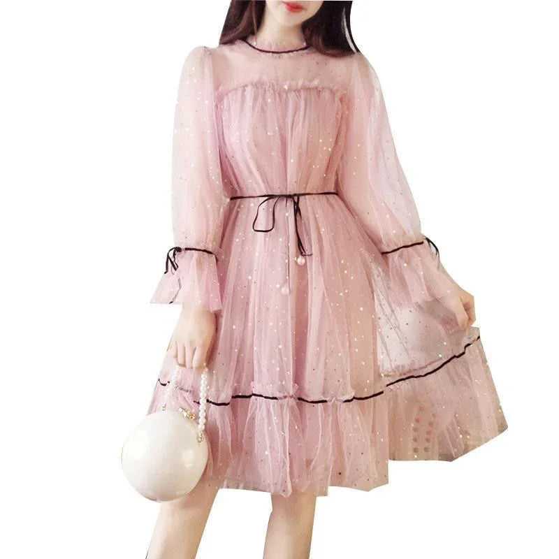 Mesh Dresses Women Patchwork Sequined Holiday O-Neck Spring Korean Style Elegant Vestido Feminino Sweet College Female Popular