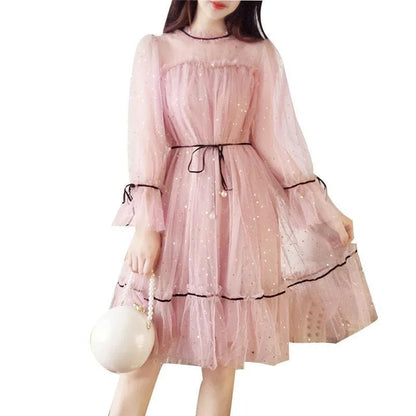 Mesh Dresses Women Patchwork Sequined Holiday O-Neck Spring Korean Style Elegant Vestido Feminino Sweet College Female Popular