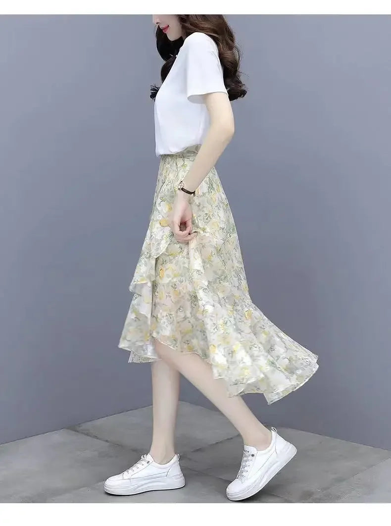 Fashion Printing Irregular Chiffon Skirt Women Summer Thin Slim Elegant Casual Loose All-match Fresh Women's Clothing Skirt