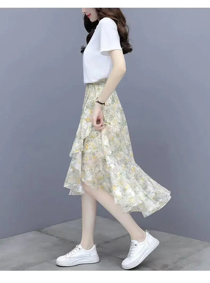 Fashion Printing Irregular Chiffon Skirt Women Summer Thin Slim Elegant Casual Loose All-match Fresh Women's Clothing Skirt