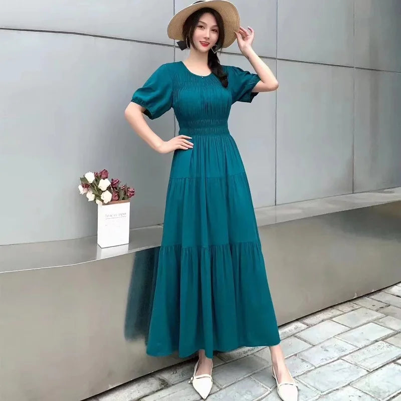Summer New Cotton Silk Dr Casual High Waist Floral Print Beachwear Outerwear Slimming Waist Long Skirt A-Line Gown