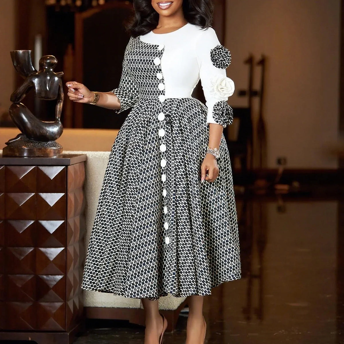Elegant Dresses for Women O Neck Half Sleeve High Waisted Pleated Mid Calf Fashion Printed Luxury Birthday Party Dinner Dress
