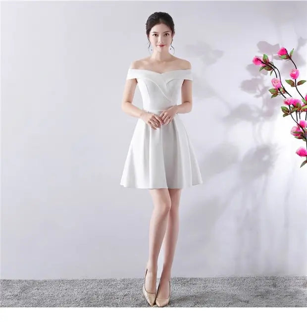 Ele ort aduation Host Dr One oulder Slimming A-Line Skirt Sweet Evening Gown Polyester Fiber Zipper Waist