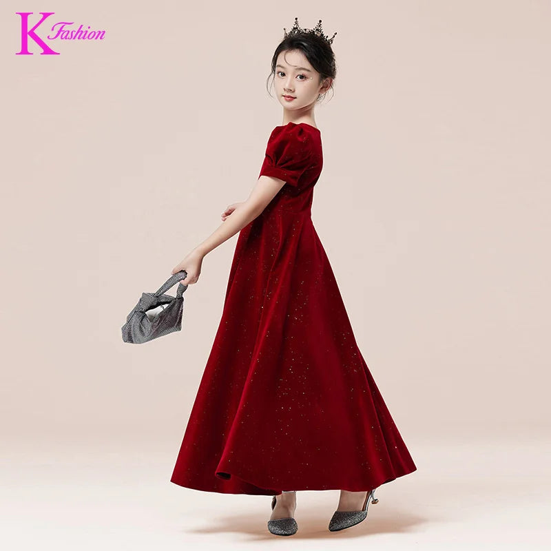 Kids Party Dress Clothing For Birthday Princess  Wine Red Piano Wedding Flower Girl 5-17 Years Old  Host Children's Formal Dress