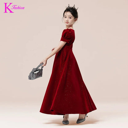 Kids Party Dress Clothing For Birthday Princess  Wine Red Piano Wedding Flower Girl 5-17 Years Old  Host Children's Formal Dress
