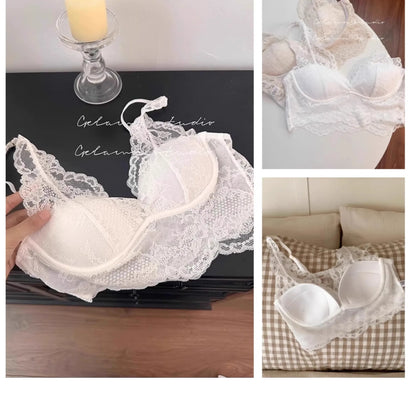 French Lace Lingerie Gathered No Steel Ring Bra Deep V Neck Sexy Wire Free Bras Underwear Tank Tops Padded Camisole Vest