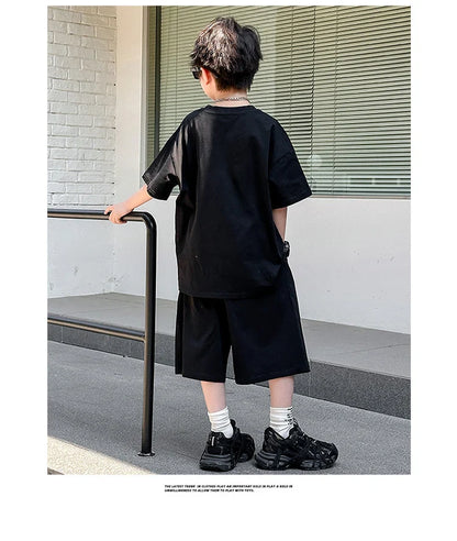American Kids Design Double Cotton Gauze Clothing Set For Teenage Boy Casual Summer Top and Bottom Clothes Set Child Tracksuit