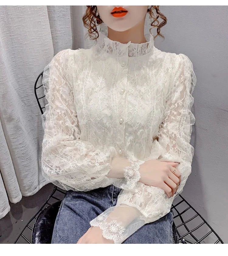 Blouse Women Shirt Lace Long Sleeve Women's Clothing Spring Lantern Sleeve Stand Collar Cardigan Top Blusas Mujer De Moda