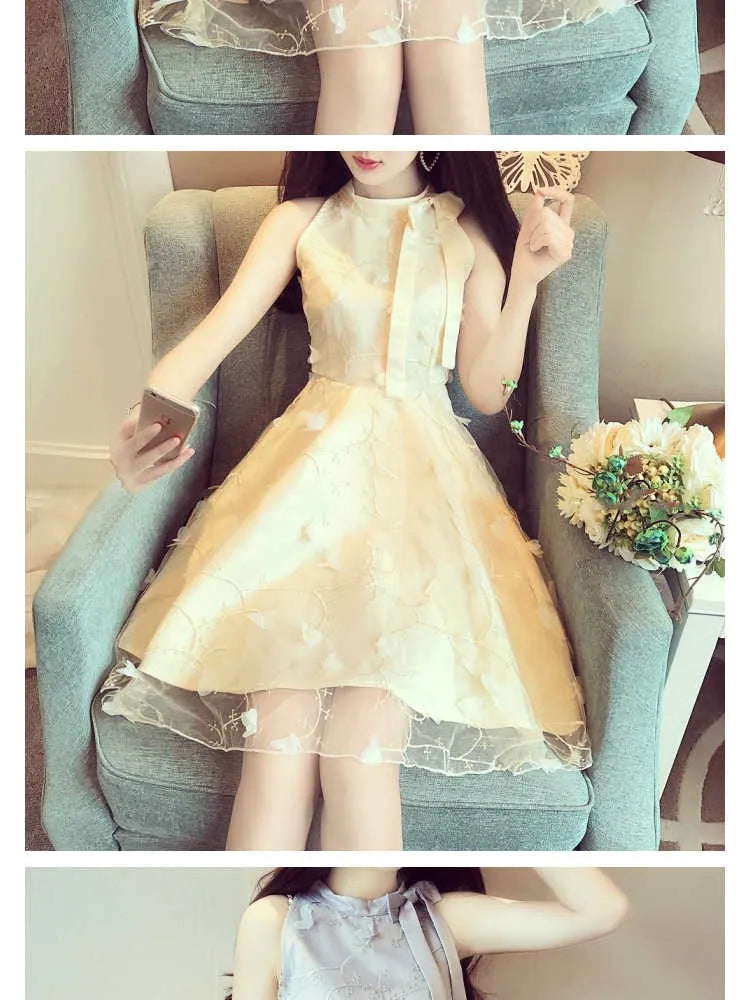 Elegant Floral Jacquard Embroidery Party Dress New Summer Women Tie Bow Mesh Dress Lady High Waist Short Sleeveless Tank Dresses