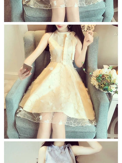 Elegant Floral Jacquard Embroidery Party Dress New Summer Women Tie Bow Mesh Dress Lady High Waist Short Sleeveless Tank Dresses
