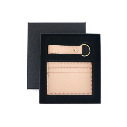 Customized name 1 set of pure color PU leather universal ultra-thin credit card wallet and PU leather keychain gift box set