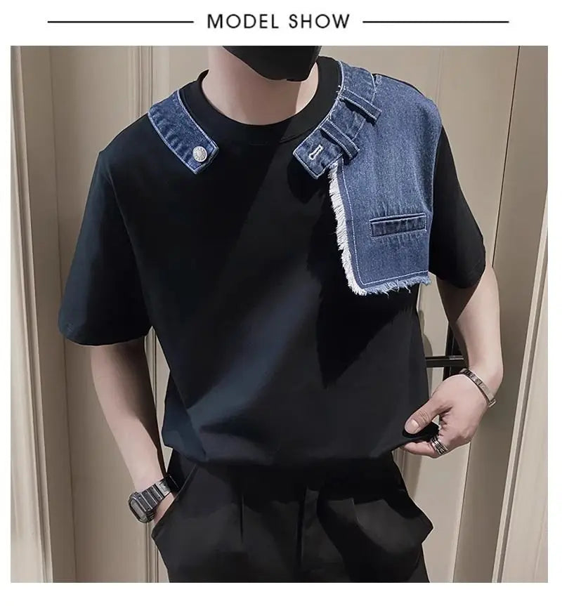 Men Trendy Vintage Denim Patchwork Design Tees Summer Short Sleeve Luxury Chic T Shirt Casual Round Neck Loose Tops Ropa Hombre  ( Available )