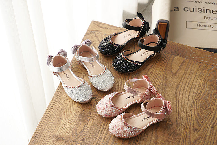 New Kids Leather Shoes Girls Wedding Shoes Children Princess Sandals Sequins Bow Girls Casual Dance Shoes Flat Sandals