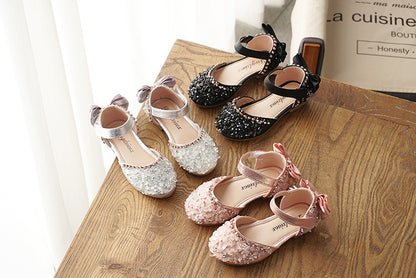 New Kids Leather Shoes Girls Wedding Shoes Children Princess Sandals Sequins Bow Girls Casual Dance Shoes Flat Sandals