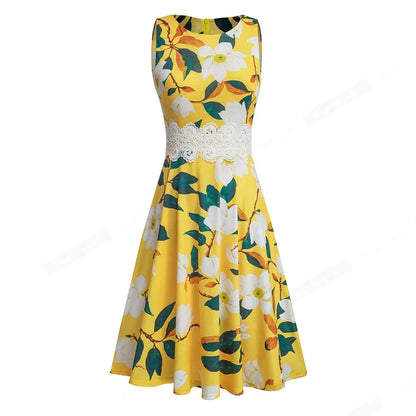 Women Vintage Casual Round Neck A line Summer Elegant Floral Lace Patchwork Sleeveless Tunic Party Swing Dress HA079