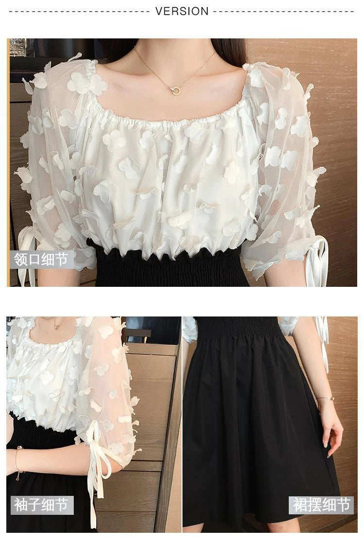 Women Summer French Style Elastic Waist Dress Korean Edition New Splicing Design Slim Half Sleeve Fairy Knee-length Dresses