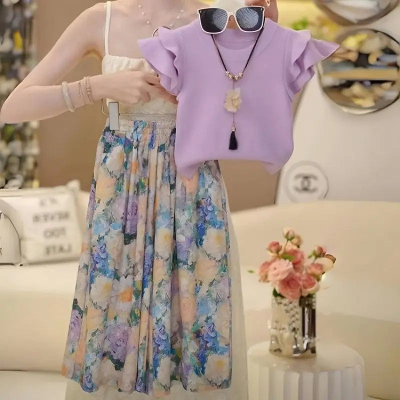 Baby Girl Summer and Spring Two Piece Set of Green Floral Pants with Flying Sleeves and Top Fashion Kids Outwear Suit