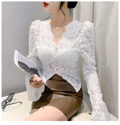 Spring Summer Lace T-shirt Slim Women V-neck Long Sleeve Shirt Button Irregular Short Tops Puff Sleeves Vintage Chic Design Tees