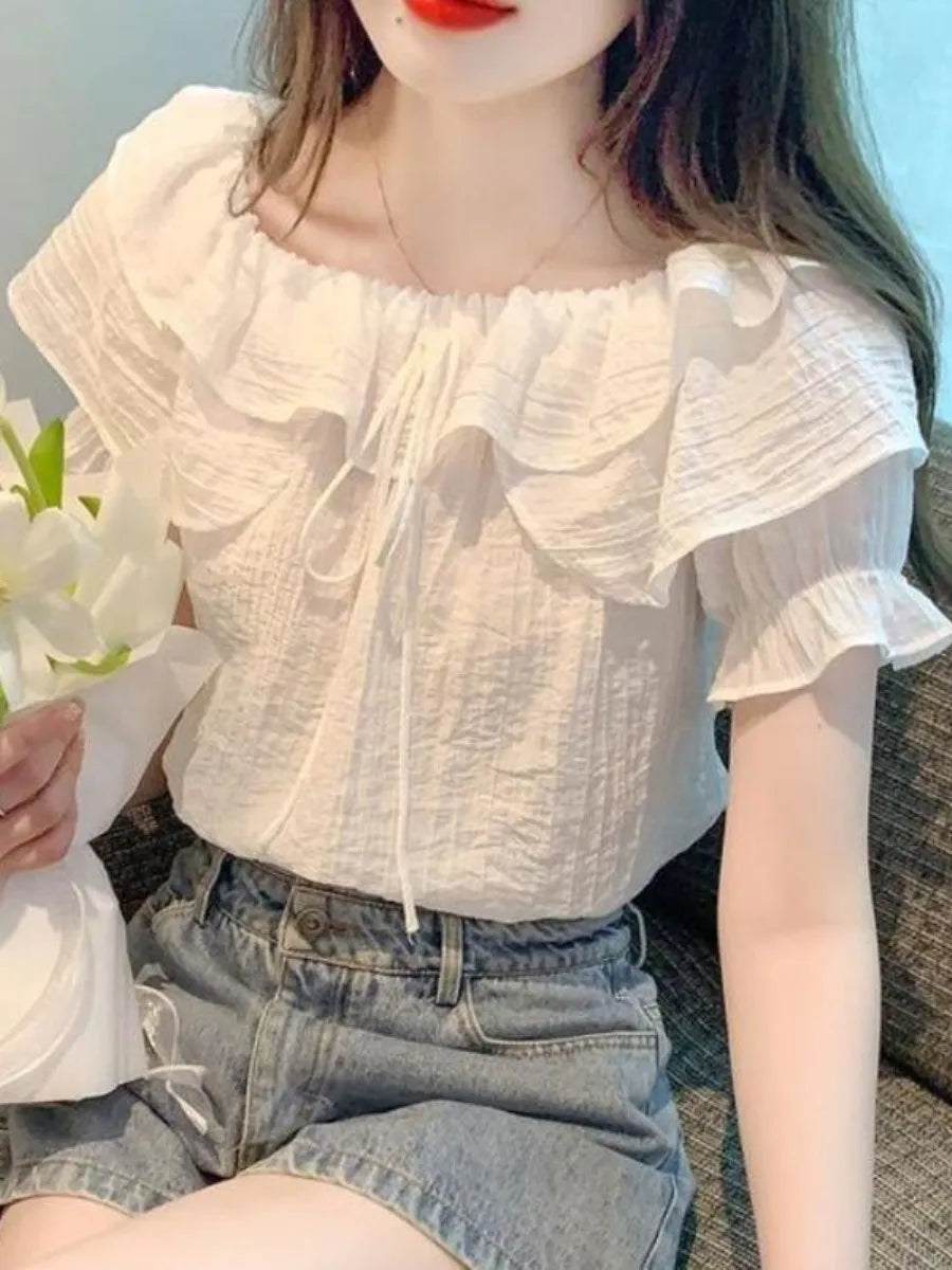 Short Sleeve Shirts Womens Mesh Pleated Pintucked Loose Tunic Casual Club Fairycore Trendy Urban Student Artistic Youthful