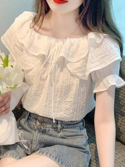 Short Sleeve Shirts Womens Mesh Pleated Pintucked Loose Tunic Casual Club Fairycore Trendy Urban Student Artistic Youthful