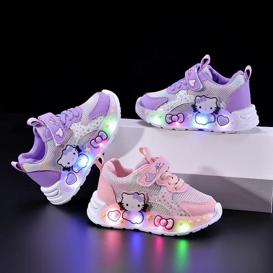 Hello Kitty Led Casual Sneakers for Summer Girls Print Mesh Breathable Shoes Children Lighted Non-Slip Cute Outdoors Sport Shoes