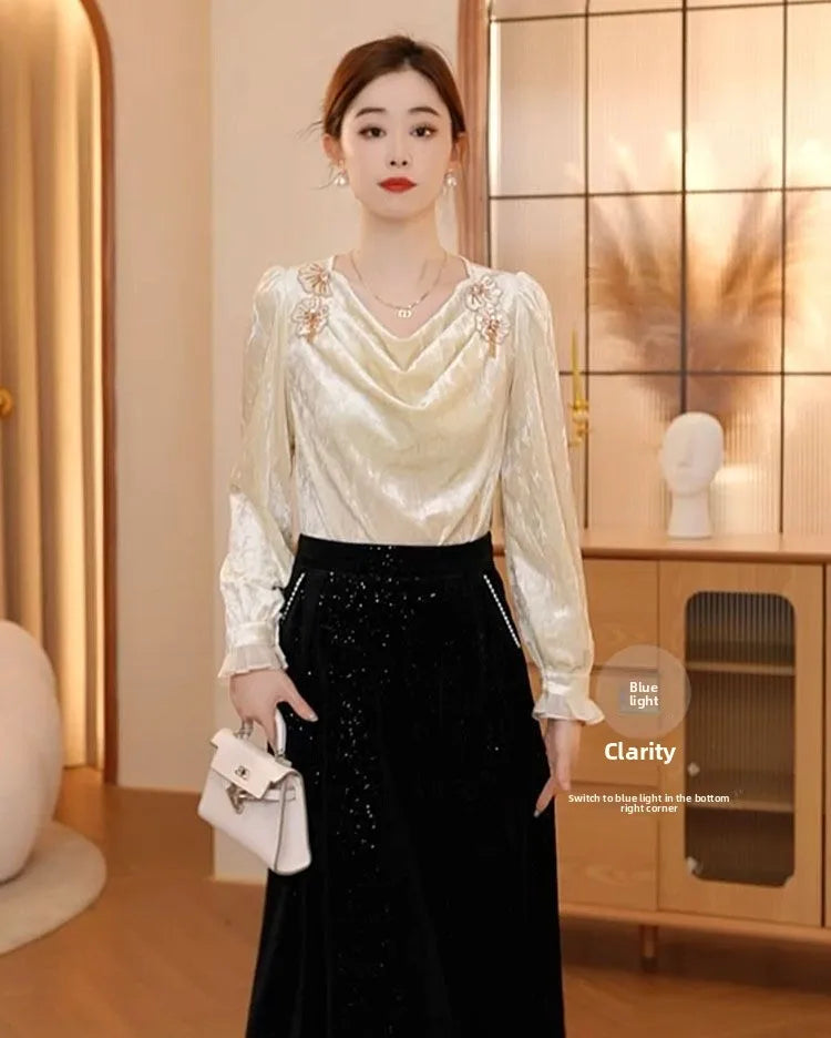 Faionable Floral Patchwork Long Sve irt Women's Winter Luxury Sle Ele Top French Sle Loose Fit Polyester Fiber