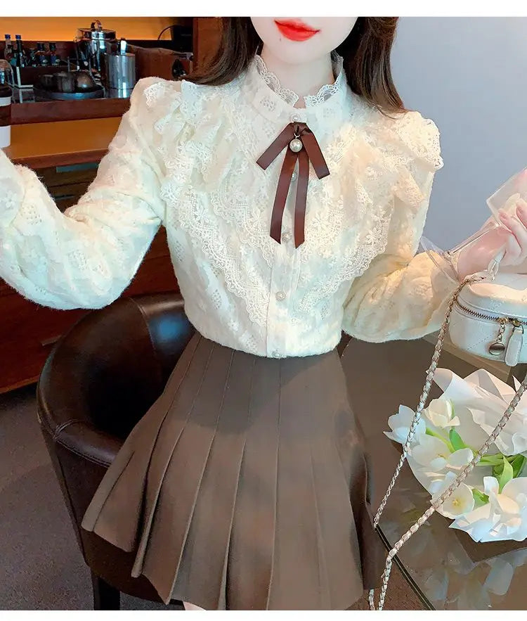 Women's Fce Lined Lace Blouse Thiened Autumn Winter Faion Inner Wear  Knot irt Stand Collar Regular Fit