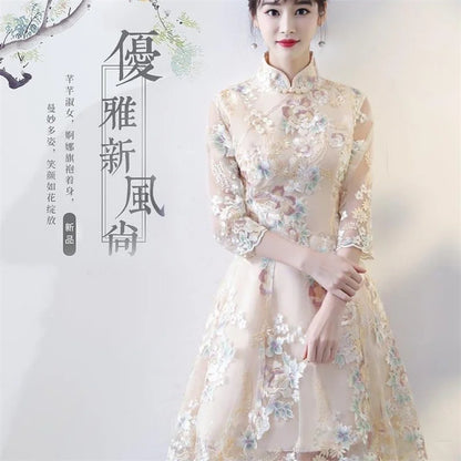 Spring Autumn Female Cheongsam Style Long Dresses Women Half Sleeve Lmproved Maxi Dress 2025 Ladies Fashion Solid Color Vestidos
