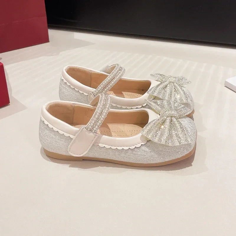 Children's Leather Shoes Bling Sequins Bowknot Princess Shoes for Girls Sweet Chic Kids Causal Wedding Shallow Versatile