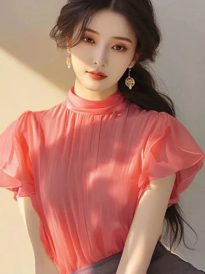 Short-sleeved Top for Women in Summer Fashionable Shirt French Style Unique and Beautiful Age-reducing Mint Green Chiffon Shirt