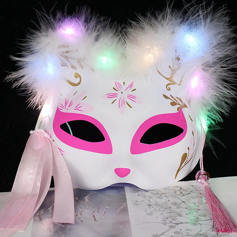 Luminous Feather Fox Mask Half Face Cat Anime Fox Mask Children Luminous Mask Eye Mask Makeup Party Role Play Props