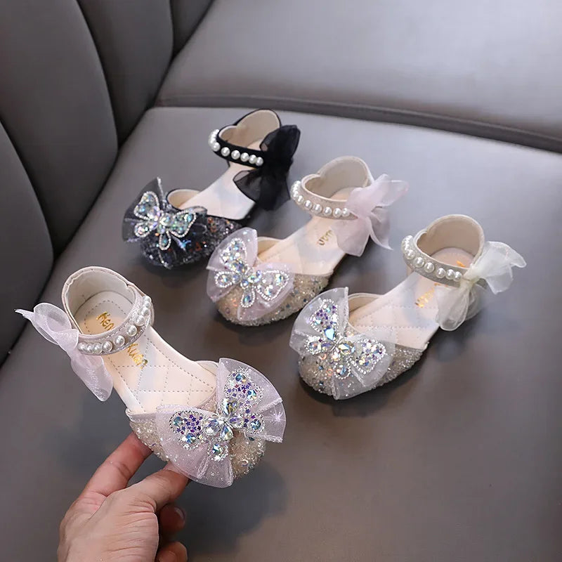 Luxury Girl Shoes Sweet Children's Causal Leather Shoes Fashion Bowtie Kids Versatile Princess Wedding Party Sandals Hook Loop
