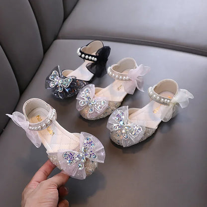 Luxury Girl Shoes Sweet Children's Causal Leather Shoes Fashion Bowtie Kids Versatile Princess Wedding Party Sandals Hook Loop