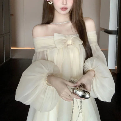 Bow Slash Neck Vestidos Off Shoulder Dress Sexy Sweet Vestido Fairy Mini Loose Dresses Spring 2026 New Long Sleeve Ropa Mujer