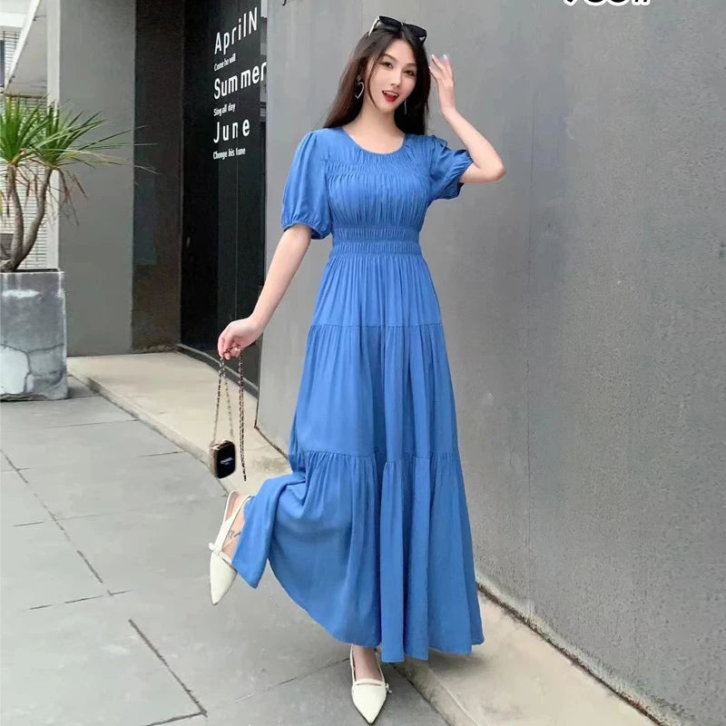 Summer New Cotton Silk Dr Casual High Waist Floral Print Beachwear Outerwear Slimming Waist Long Skirt A-Line Gown