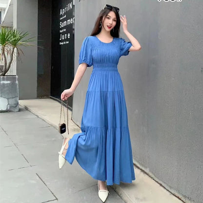 Summer New Cotton Silk Dr Casual High Waist Floral Print Beachwear Outerwear Slimming Waist Long Skirt A-Line Gown