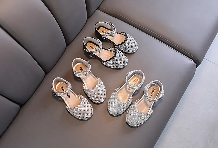 Children Spring Summer Korean Version Dance Shoes Girls Pearl Show Shoes Girl Rhinestone Princess Lace Leather Shoes Solid Color