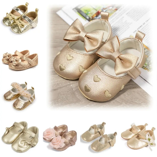 Gold Tie Cute Bow Flower Baby Princess Shoes Wedding Birthday Party Non-Slip Soft Sole Baby Toddler Shoes