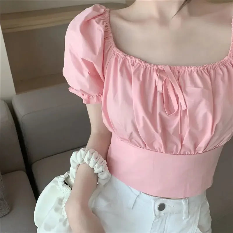 2025 Fashion New Pearl Chain Shirt Women Summer French Bow Backless White Blouse Sweet Puff Sleeve Crop Top Female