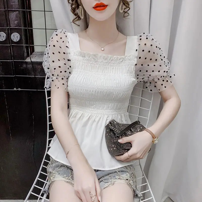 Summer patchwork mesh polka dot short sleeve chiffon blouse women's new stylish bubble sleeve top