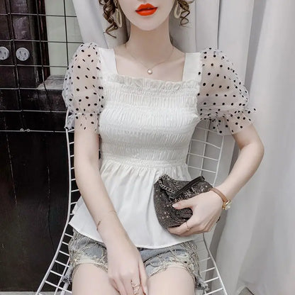 Summer patchwork mesh polka dot short sleeve chiffon blouse women's new stylish bubble sleeve top