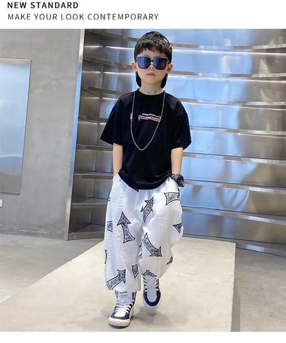 Children's Summer Set Korean Version Boy Hip Hop Loose Short Sleeve T-shirt Casual Mosquito Pants 2-piece Set