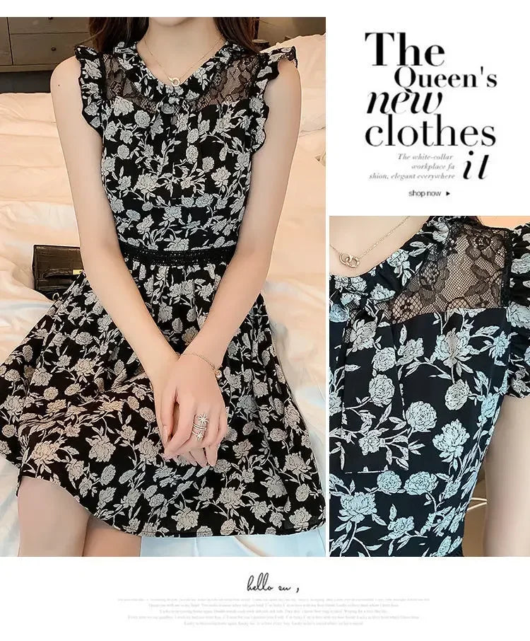 Neck Gauze Mesh Slim Sleeveless Floral Dress Women's New Style Spliced round