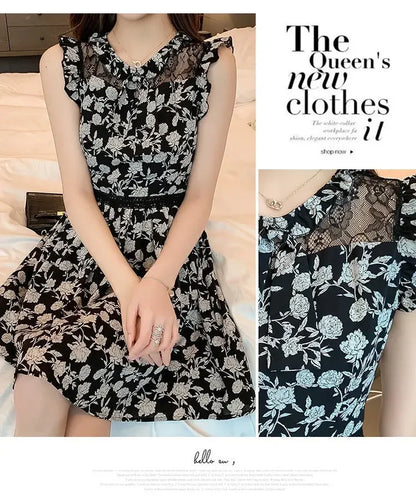Neck Gauze Mesh Slim Sleeveless Floral Dress Women's New Style Spliced round