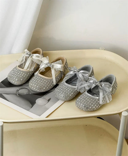 Children Shoes For Girls Leather Bow Rhinestone Princess Shoes Soft Sole Outdoor Fashion Kids Sneakers EU 26-33